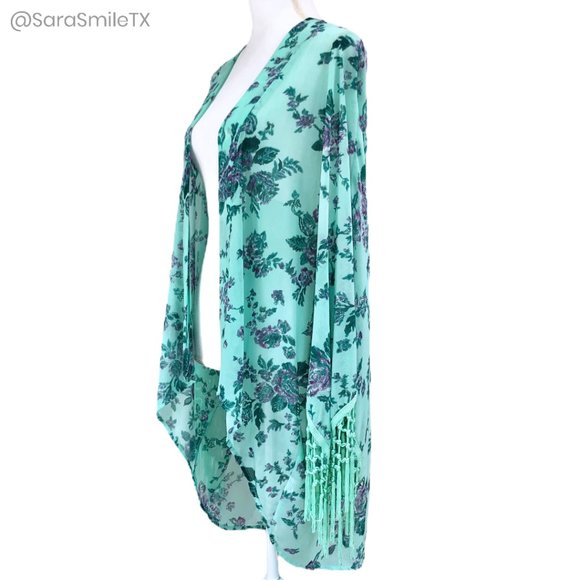 ENTRO Boho Mint Green Floral Print Tassel Fringe Midi Length Kimono - Picture 2 of 8
